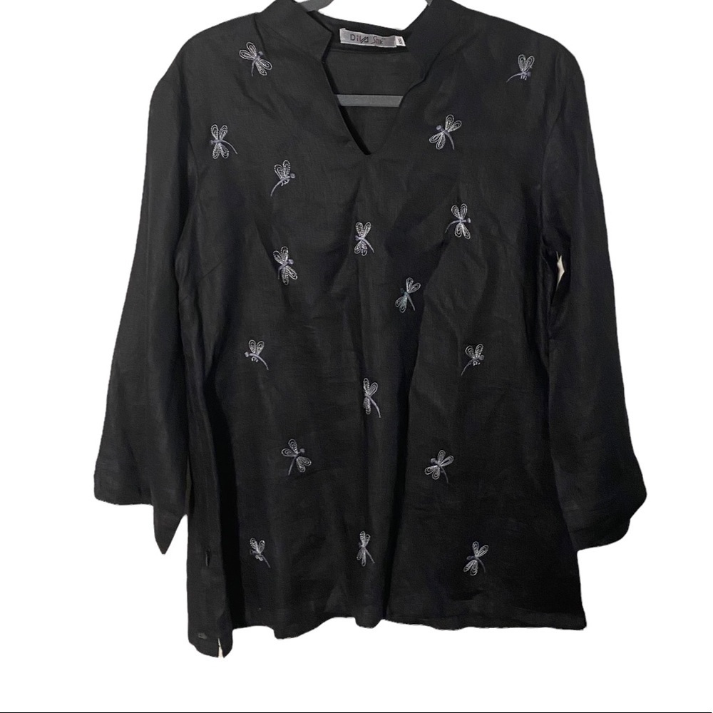 Diva Silk Linen Dragonfly Top Black